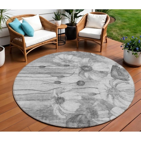 Homeroots 8' Gray Charcoal And Silver Round Floral Washable Indoor Outdoor Area Rug 582754