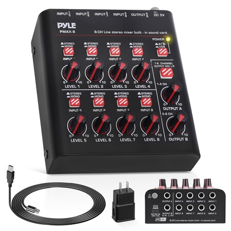 Pyle 8-Channel Bluetooth Mini Line Mixer with USB Audio Interface - 8 Mono/Stereo Switching Inputs PMAX8