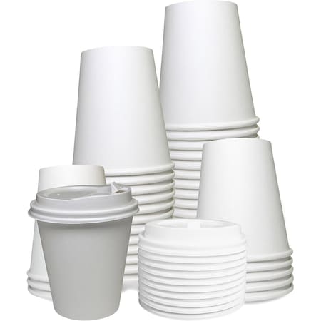 Ecoquality 10oz White Hot Drink Coffee Cups with White Dome Lids - For Coffee Shops, and Latte, 100PK EQ10WHTPCWDL-100