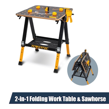 Powertec 2-in-1 Portable Folding Work Table & Sawhorse, 1000 lb Capacity with 8-Level Height Adjustment UT1015
