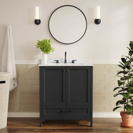 Flash Furniture Haven 30in. Vanity w/Sink, Storage Cabinet w/Blk Hardware, Bottom Drawer, Marble Countertop, Blk FS-BN-4-30-KD-BK-HDBLK-GG