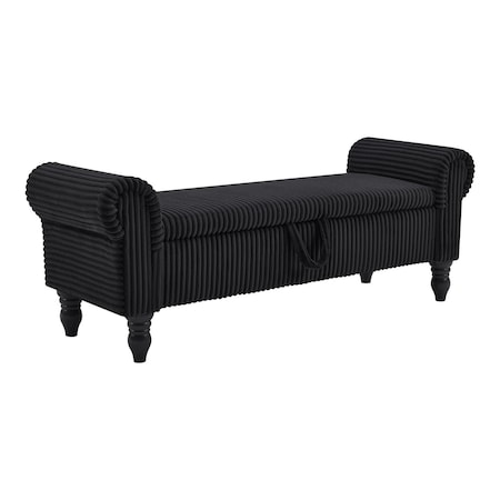 Homeroots 55in Black Corduroy and Solid Wood Upholstered Storage Bench With Flip Top 724171