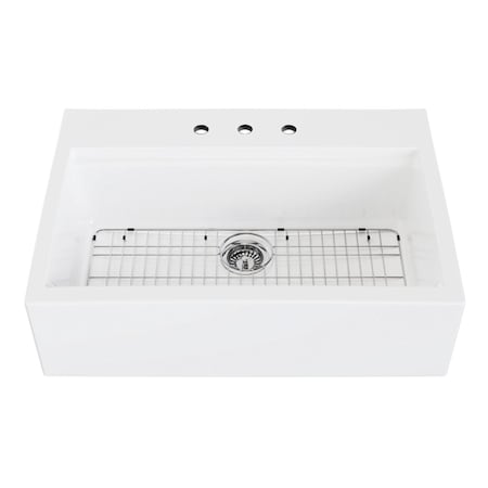 Kingston Brass 34" Fireclay Single Bowl Farmhouse Kitchen Sink with Bottom Grid and Strainer, Glossy White KGPF342410Y38E
