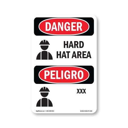 Signmission OSHA Danger Sign, Hard Hat Area Bilingual, 24in X 18in Decal, OS-DS-D-1824-VT-1292 OS-DS-D-1824-VT-1292