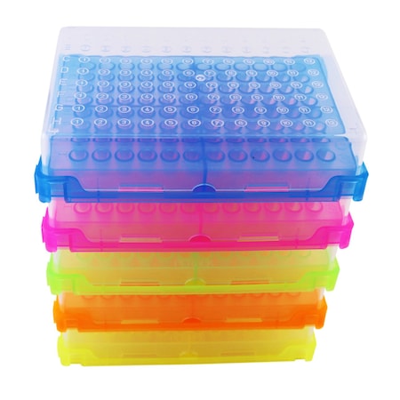 Simport Scientific PCRack Assorted blue, green, orange, pink, yellow with Clear Lid, 5 per pack, 5PK 400706A