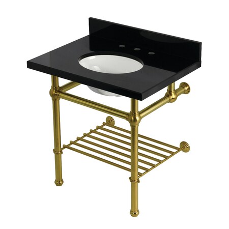 Kingston Brass 30-Inch Black Granite Console Sink with Brass Legs and Shelf, 8-Inch, 3-Hole KVPK3030KBB7