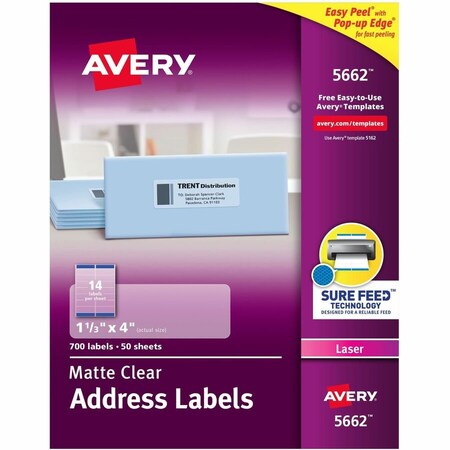 Avery Easy Peel Laser Mailing Labels, 1-1/3 x 4, Clear, 700/Box 5662