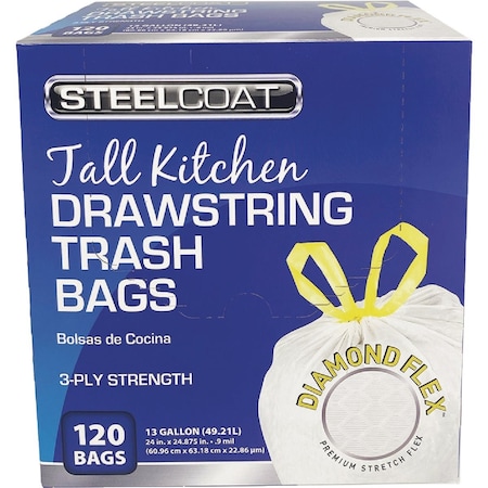 Steelcoat Diamond Flex 13 Gal. Unscented Tall Kitchen White Drawstring Trash Bag, 120-Count FG-P9921-17Q