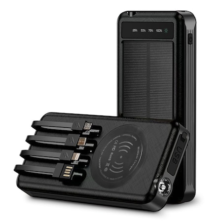 Alpha Digital Power Bank- 10,000mAh, Solar, 4 Cables, Wireless Charging - Black ZL809-BK