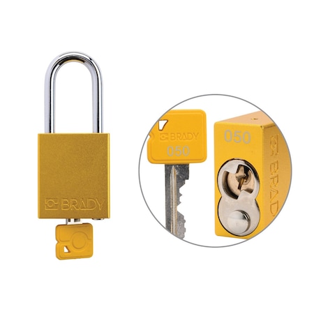 Brady Keyed Alike Padlock Unique Set Aluminum Ylw 1.5 in Steel Shackle Keycode 50 SDAL-YLW-38ST-050