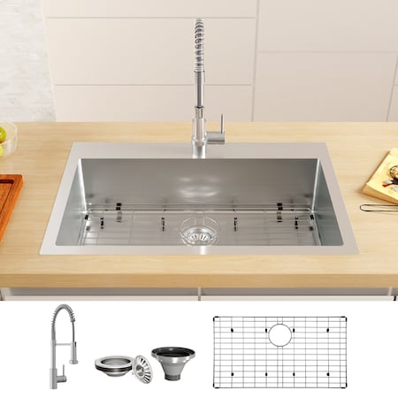 Tecasa 33 in. Drop-In/Undermount Single Bowl 18-Gauge Kitchen Sink with Faucet and Bottom Grids TKSGIKC33