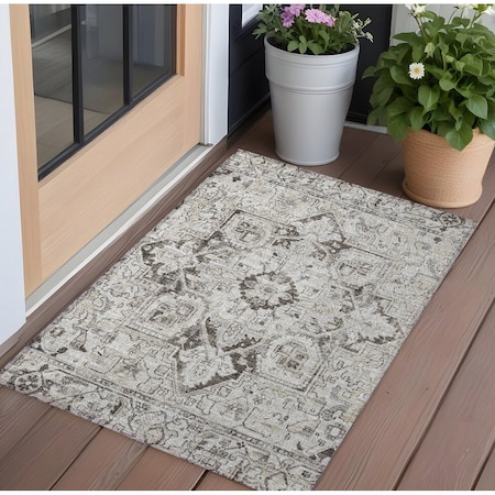 Homeroots 3' X 5' Ivory and Dark Brown Oriental Washable Non Skid Indoor Outdoor Area Rug 563766