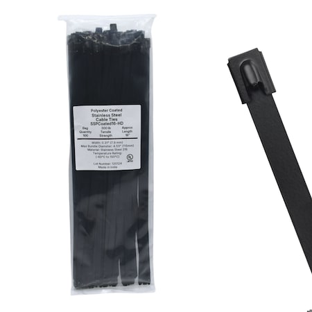 Cable Ties Unlimited Cable Tie, 16 in L, 300 lb Strength, 4.5 in Max Bundle Dia, Coated 316 Stainless Steel, Black, 100PK SSPCoated16-HD