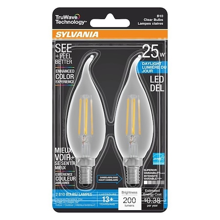 Sylvania Natural LED Bulb, Decorative, B10 Bent Tip Lamp, 25 W Equivalent, E12 Lamp Base, Dimmable, Clear 40855