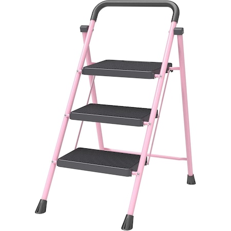 Campior Pink 3-Step Foldable Stool, Heavy-Duty, 500 lbs Capacity, Anti-Slip, Steel Frame, Space-Saving Design DRIB3STPPK