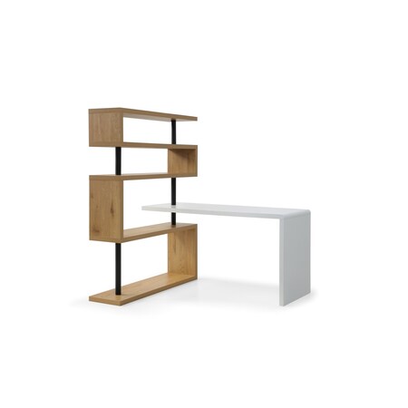 Homeroots 93" White and Natural Wood and Metal L Shape Writing Desk 543808