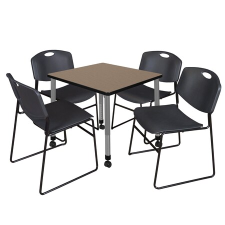 Regency Square Kee Mobile Adjustable Classroom Table W/ 4 Zeng Stack Chairs, 30 in W, 30 in L, Noble Oak TB3030NOAPCGY44BK