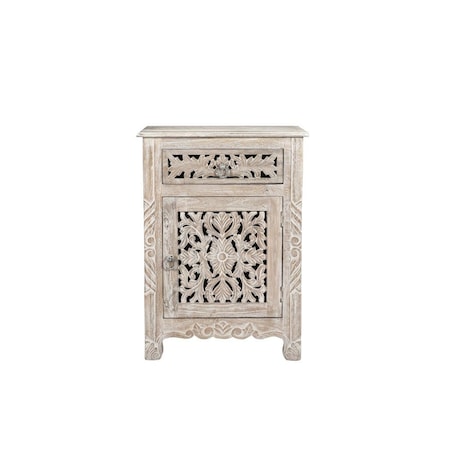 Homeroots 30" Distressed White One Drawer Carved Floral Solid Wood Nightstand 521198