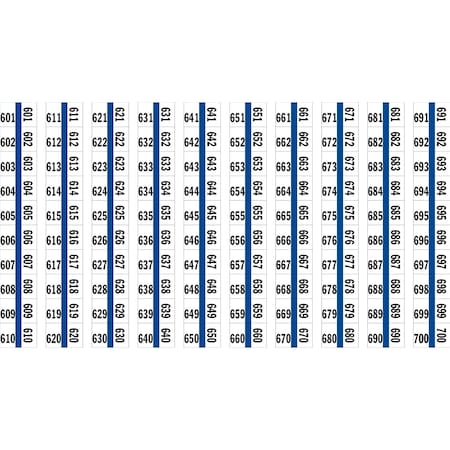 Tabbies 1/2" NUMERICAL EXHIBIT INDEX TABS, BLUE COLOR EDGE, '#601 - 700', 100 TABS/PACK 57006