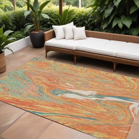 Homeroots 8' X 10' Orange Green And Beige Abstract Washable Indoor Outdoor Area Rug 602656