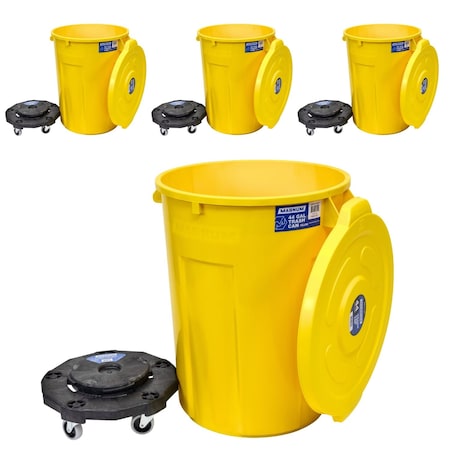 Magnum Tool Yellow 44 Gallon Trash Can Set, Trash Can, Quiet Dolly, and Reinforced Lid, 4 Set CMTC-CLD0-44Y04