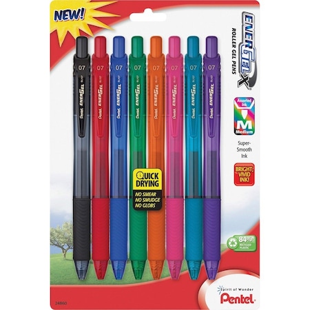 Pentel EnerGel-X Retractable Liquid Gel Pen, 0.7mm Metal Tip, Medium Line, Assorted Ink, 8-Color Set BL107CRBP8M