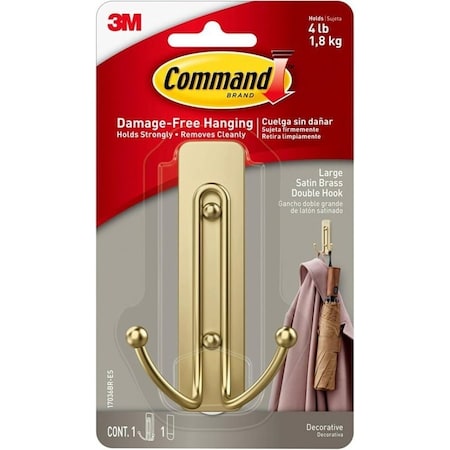 Command Double Hook, 4 lb, 1-Hook, Plastic, Gold, Satin Brass 17036BR-ES