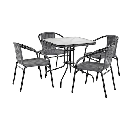 Flash Furniture Square Metal Table, Sqr w/Rattan Chairs, Gray, 28", Aluminum, Glass, Metal, Plastic, Rattan, Clear TLH-073SQ-037GY4-GG