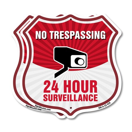 Signmission No Trespassing Shield Sign 24 Hour Surve, 12 inch X 12 inch, Plastic Sign, 2PK SHI-P-2PACK-12-419