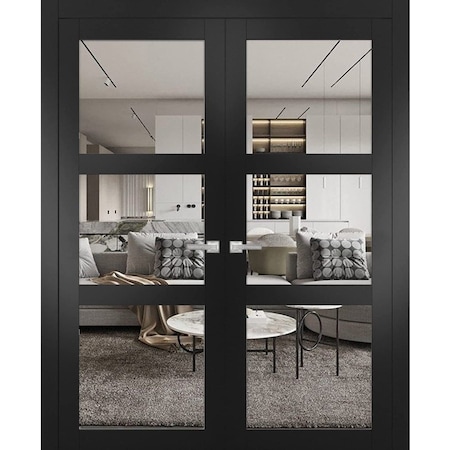 Sartodoors Solid French Double Doors, Lucia 2555 Matte Black with Clear Glass, Wood Solid Panel Frame Trims , LUCIA2555DD-BLK-56