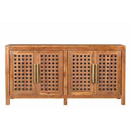 Homeroots 71in Brown Solid Wood Carved Geometric Sideboard with Four Doors 634325