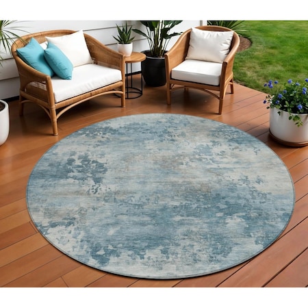 Homeroots 8' Teal Blue And Beige Round Abstract Washable Indoor Outdoor Area Rug 630899