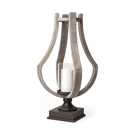 Homeroots 25" Brown Distressed Geometric Solid Wood Metal And Glass Tabletop Hurricane Candle Holder 608557