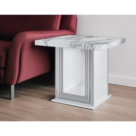 Homeroots 24" White and Silver Faux Marble and Wood Pedestal End Table 560102