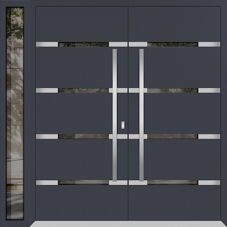 Vdomdoors Metal Double Doors Deux 1105 Gray Graphite 1 Sidelight Mirrored Glass 1 Sidelight Entry Modern Pain DEUX1105DEXD-GRE-W72+14xH96-LH-O
