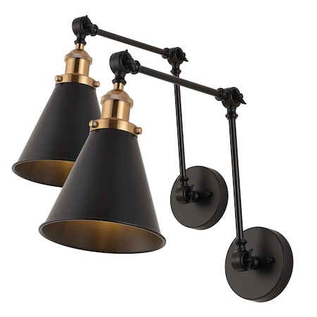 Jonathan Y Rover 7" Classic Industrial Metal Adjustable Arm LED Wall Sconce, Black/Brass Gold, 2PK JYL7462A-SET2