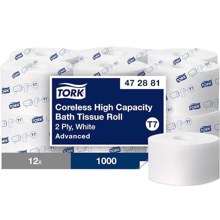Tork Advanced Coreless High Capacity Bath Tissue, 2-Ply, White, 1,000 Sheets/Roll, 12PK 472881