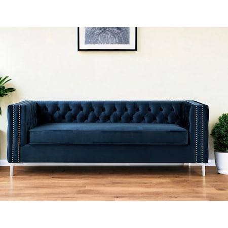 Homeroots 84" Navy Blue Velvet Sofa With Silver Legs 543946