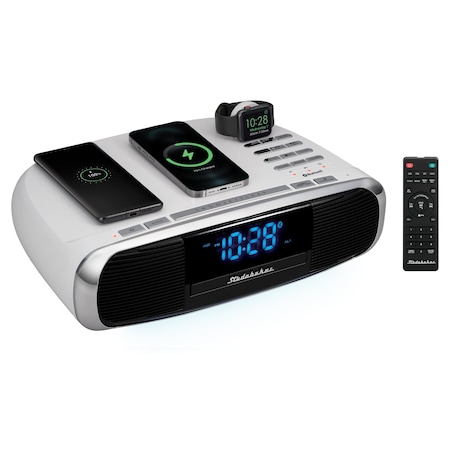 Studebaker Workstation Hi-Fi Music System with FM Radio, CD and Qi Wireless Charging Station, White SB5050W-PD