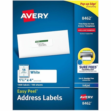Avery Easy Peel Inkjet Address Labels, 1-1/3 x 4, White, 1400/Box 8462