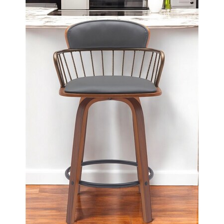 Homeroots 26" Gray And Wood Brown Faux Leather Swivel Low Back Counter Height Bar Chair 534441