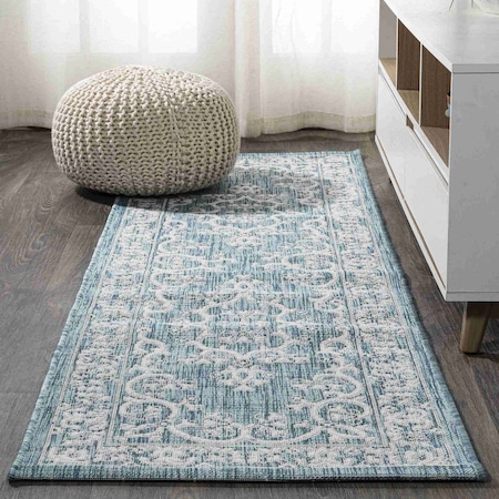 Jonathan Y Galon Filigree Teal/Ivory 2 ft. x 10 ft. Indoor/Outdoor Runner Rug SMB120B-210