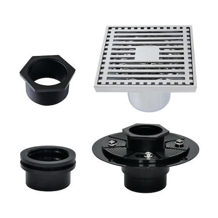 Kingston Brass 4" Brass Square Grid Shower Drain with Hair Strainer and Base Flange, Polished Chrome BSFK4464C