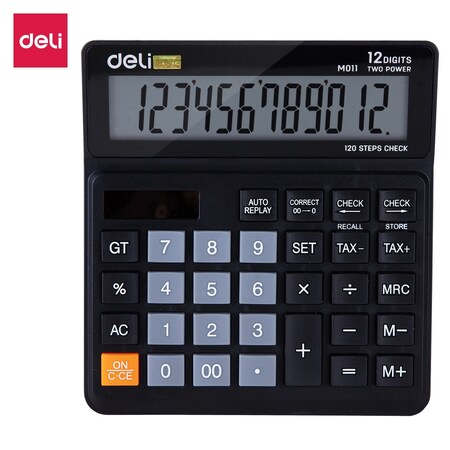 Deli Digit Desktop Calculator, 120-Step Check, Dual Power, Black, 20PK EM01120