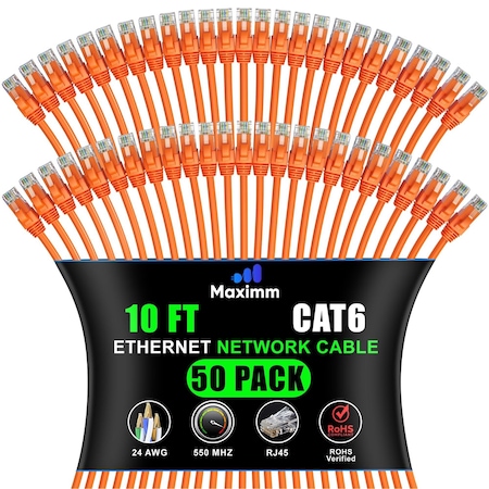 Maximm Cat6 Ethernet Cable 10ft 10Gbps 550MHz UTP, 50PK, Orange, 50PK CAT6CCA-10OR-50PK