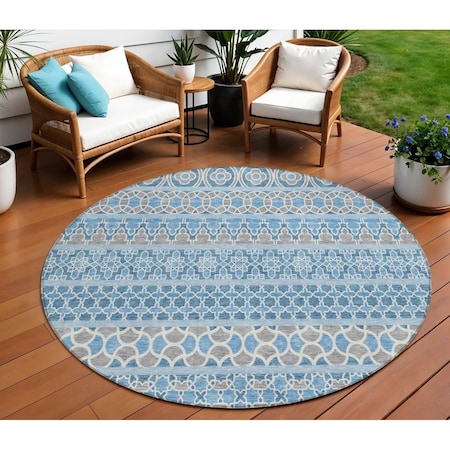 Homeroots 8' Sky Blue And Denim Blue Round Quatrefoil Washable Indoor Outdoor Area Rug 583242