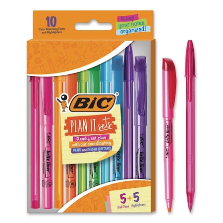 Bic Plan It Sets Ballpoint Pen and Highlighter Pack, Assorted Colors, (5) Highlighters, (5) Pens WMSBL10-AST