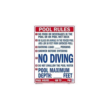 Hy-Ko "Pool Rules" Sign, State Of Florida Regulations, Plastic, 20 X 28" 20412