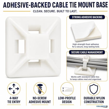 Kable Kontrol Adhesive Cable Tie Mounts, 1/2" Sq, Natural Nylon, PK100 CT281