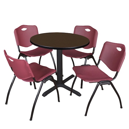Regency Round Cain Breakroom Table W/ 4 M Stack Chairs, 30 in W, 30 in L, Neo Walnut TB30RNDNW47BY